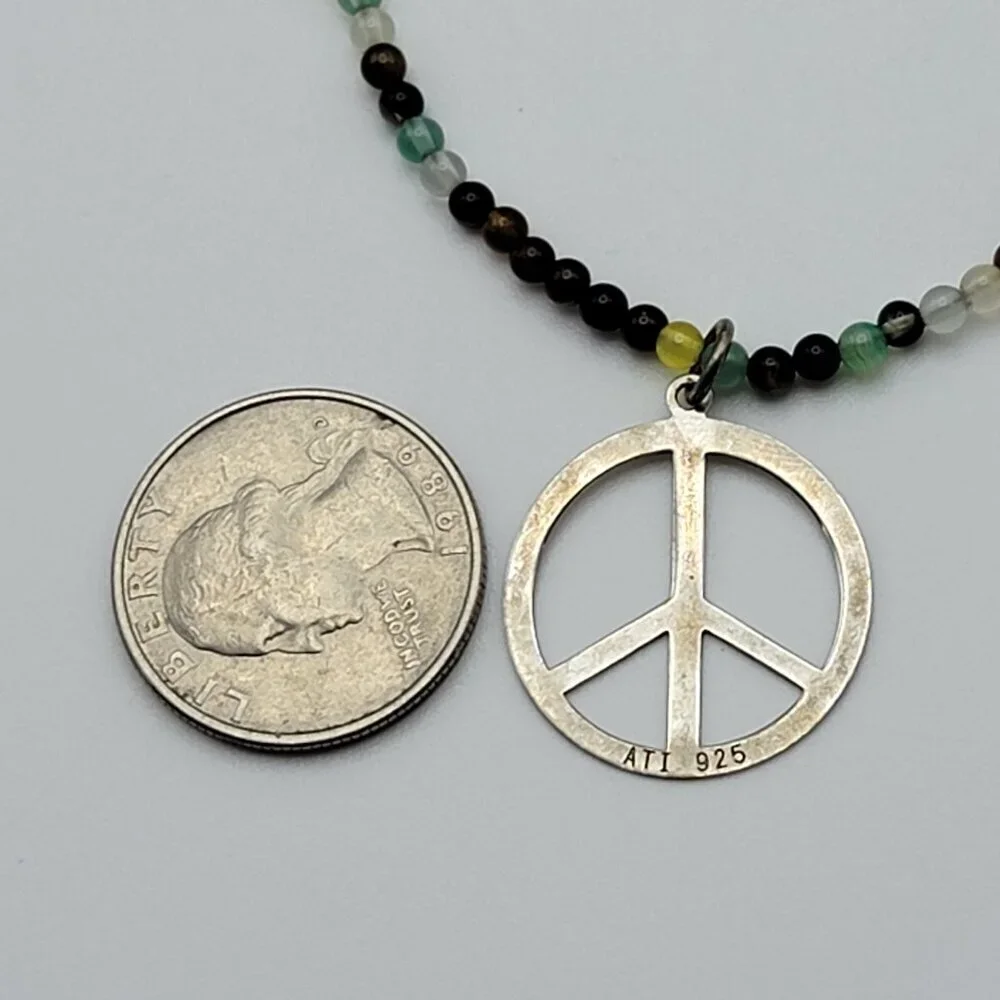 ATI 925 Sterling Silver PEACE SIGN Pendant Multicolor Glass Seed Bead Necklace
